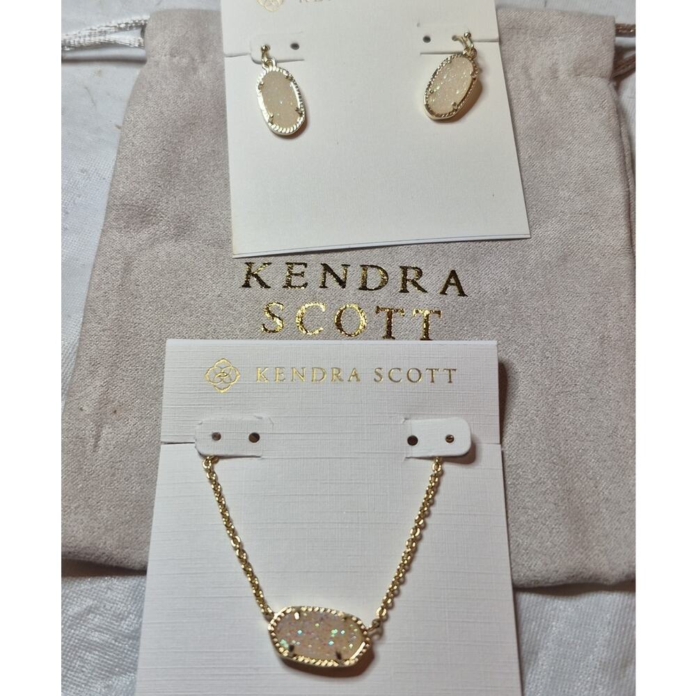 Kendra Scott Elisa Gold Plate Pendant Necklace Dangle Earrings Set Opal w Bag